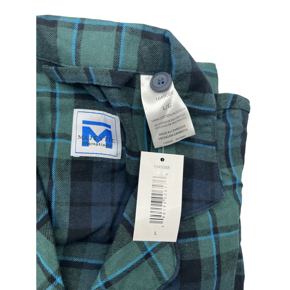 Majestic International Mens Green Navy Plaid 100% Cotton Pajama Set L 1649088